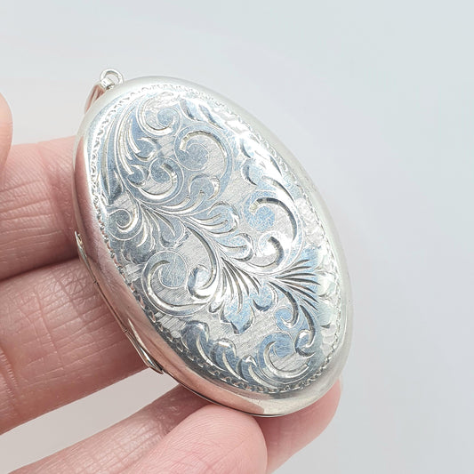 Vintage Sterling Silver Large Locket Oval Shape Engraved Front Pendant Necklace Retro Jewelry Womens Jewellery Men’s Unisex