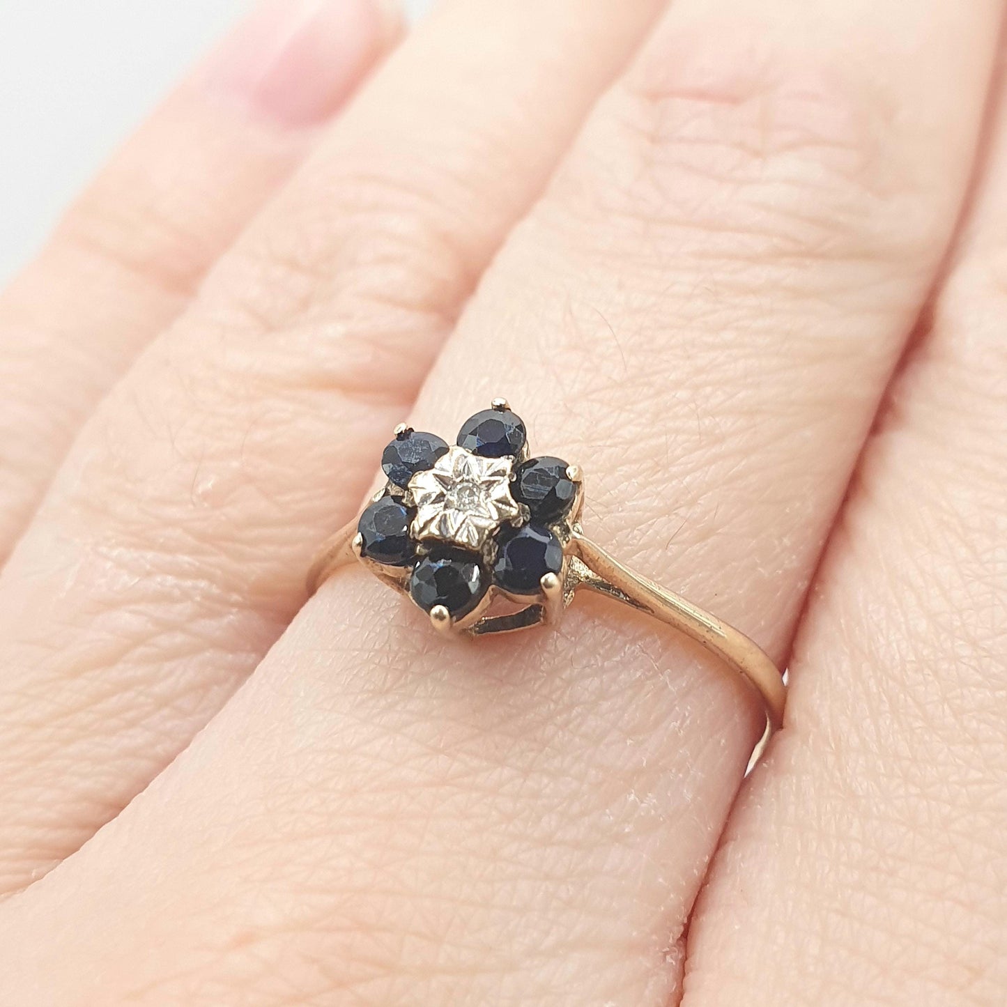 Vintage 9ct Gold Sapphire & Diamond Cluster Ring Halo Solid 9k 9kt Genuine Gemstone Retro Jewelry Jewellery Women’s