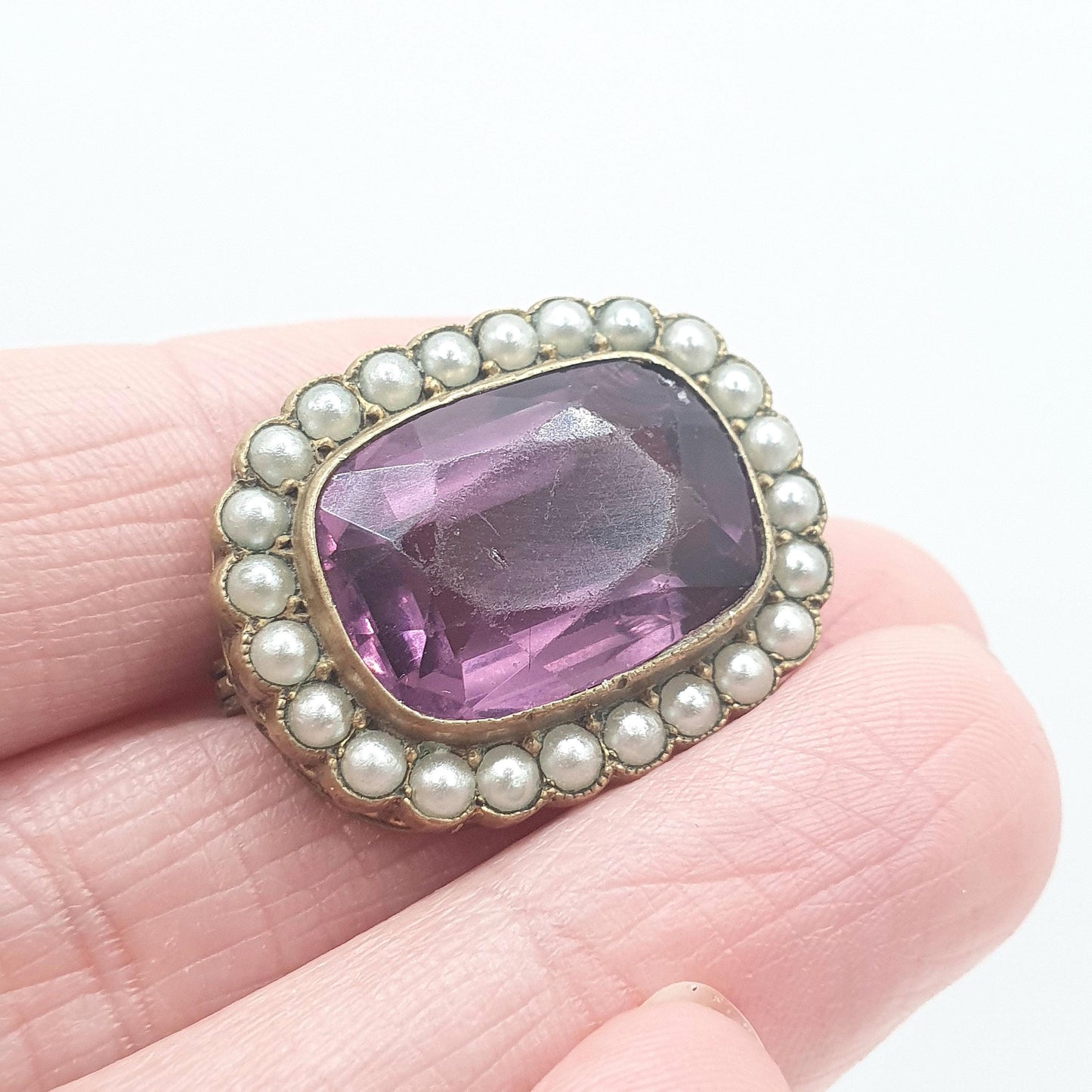 Antique Victorian Amethyst Paste & Seed Pearl Brooch Gold Tone Base Metal Faux Pearls Vintage Lilac Womens Jewelry Jewellery