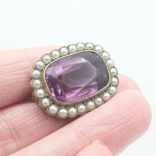 Antique Victorian Amethyst Paste & Seed Pearl Brooch Gold Tone Base Metal Faux Pearls Vintage Lilac Womens Jewelry Jewellery