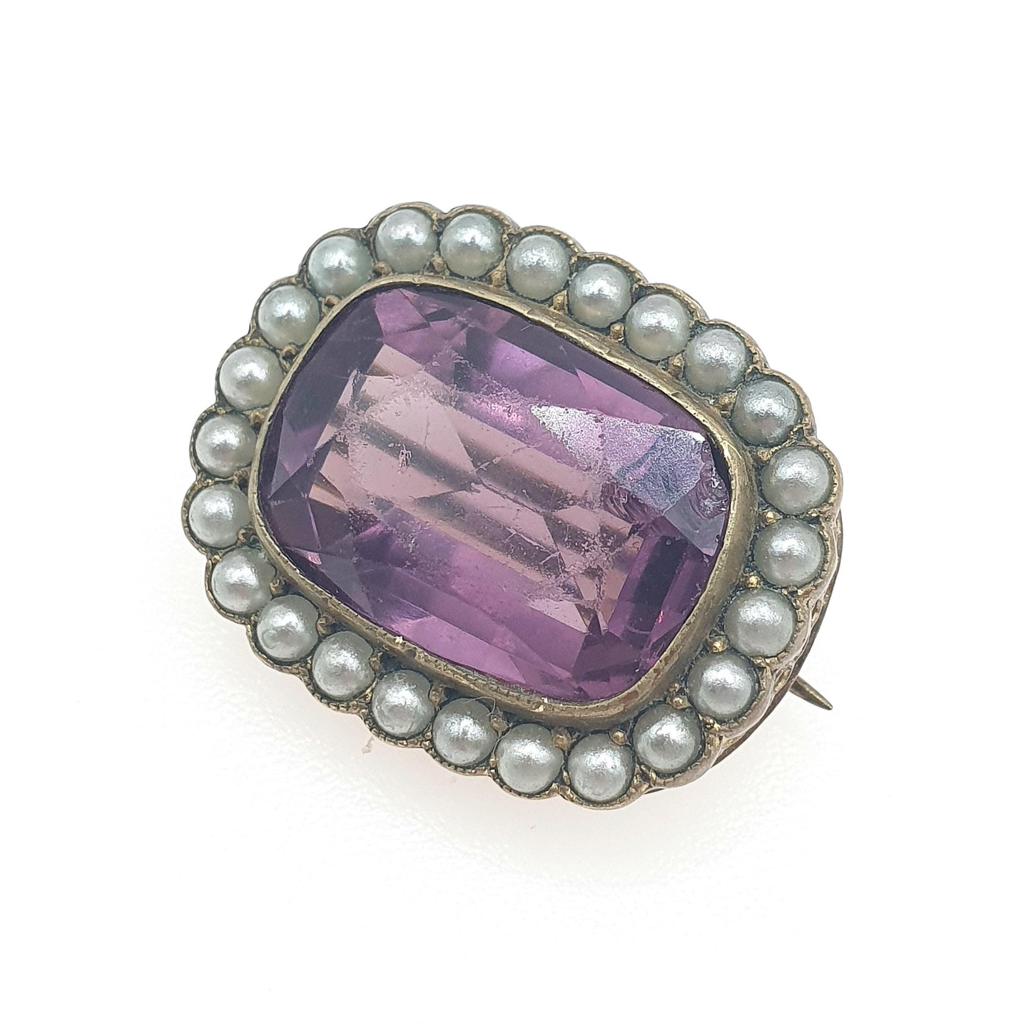 Antique Victorian Amethyst Paste & Seed Pearl Brooch Gold Tone Base Metal Faux Pearls Vintage Lilac Womens Jewelry Jewellery