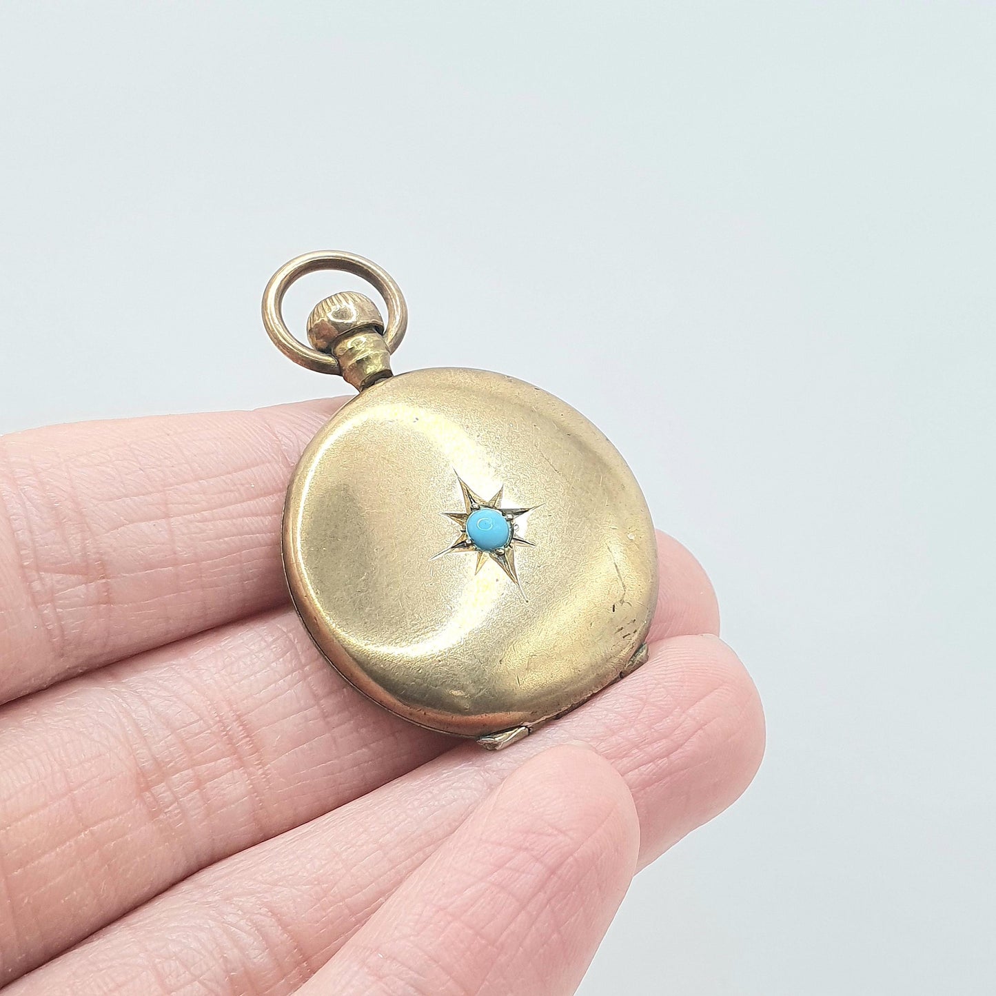 Antique Victorian Rolled Gold Turquoise Glass Locket Pocket Watch Style Gold Fillled Vintage Necklace Womens Ladies Jewellery Jewelry