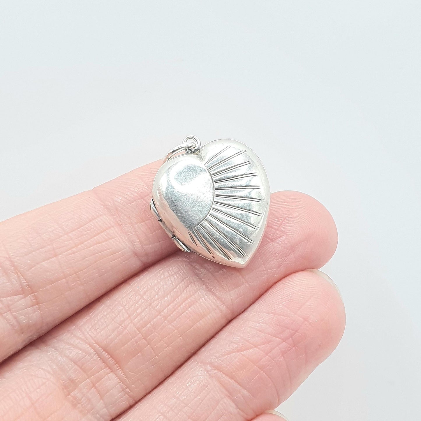 Antique Art Deco Solid Silver Heart Locket Necklace Pendant Sunburst Pattern Back and Front Womens Jewelry Vintage Jewellery