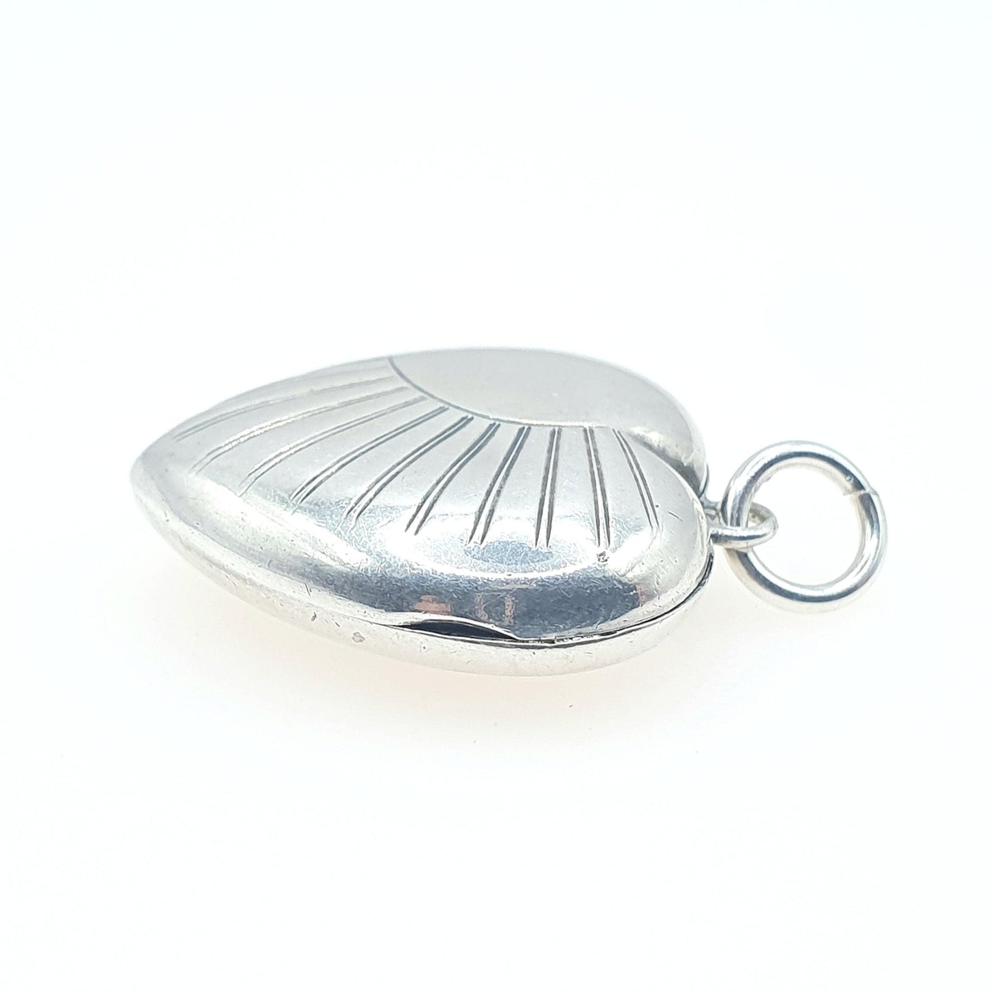 Antique Art Deco Solid Silver Heart Locket Necklace Pendant Sunburst Pattern Back and Front Womens Jewelry Vintage Jewellery