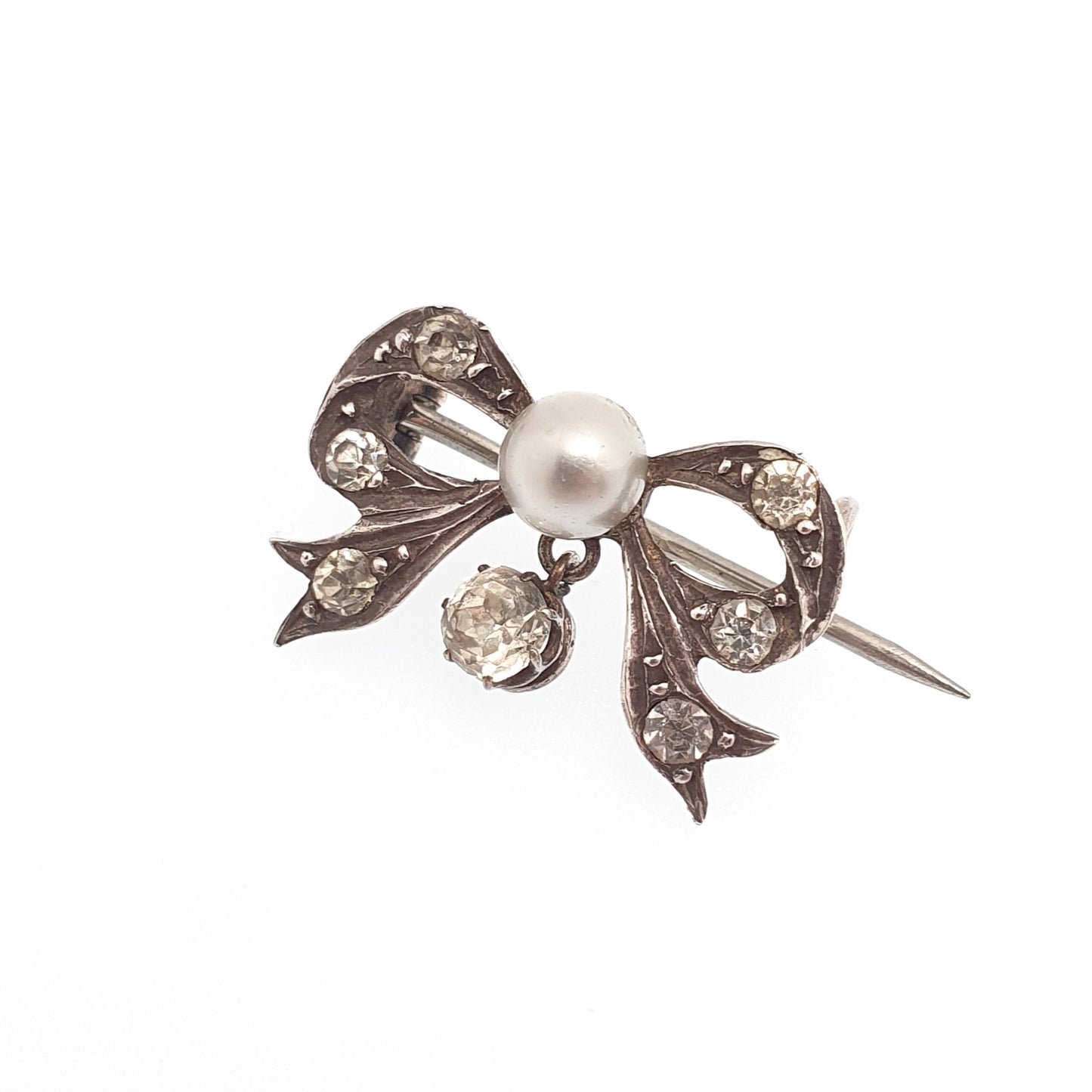 Antique Victorian Paste Solid Silver Bow Brooch Simulated Pearl Ribbon 1800s Sweet Cute Quaint Womens Jewelry Jewellery Vintage