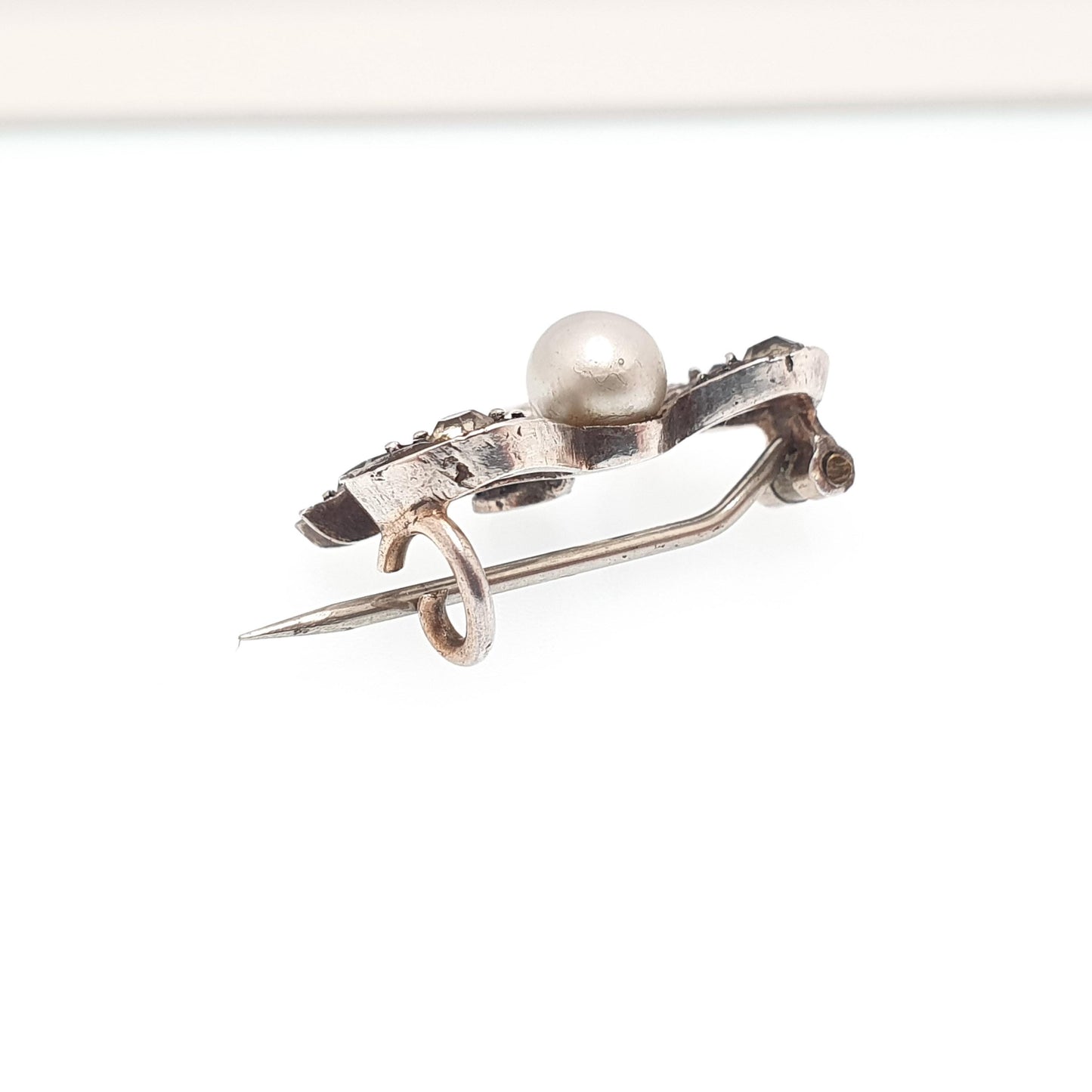 Antique Victorian Paste Solid Silver Bow Brooch Simulated Pearl Ribbon 1800s Sweet Cute Quaint Womens Jewelry Jewellery Vintage