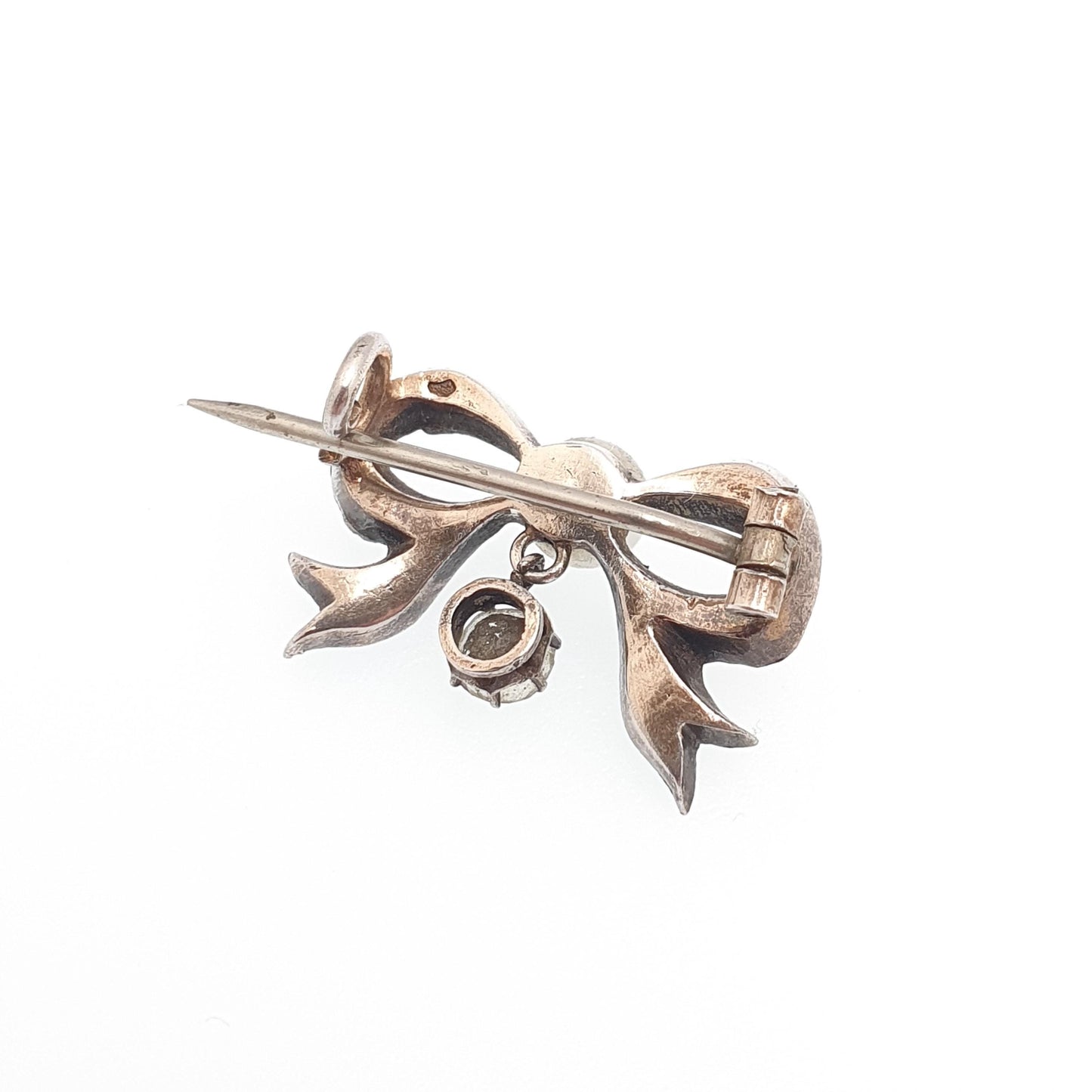 Antique Victorian Paste Solid Silver Bow Brooch Simulated Pearl Ribbon 1800s Sweet Cute Quaint Womens Jewelry Jewellery Vintage