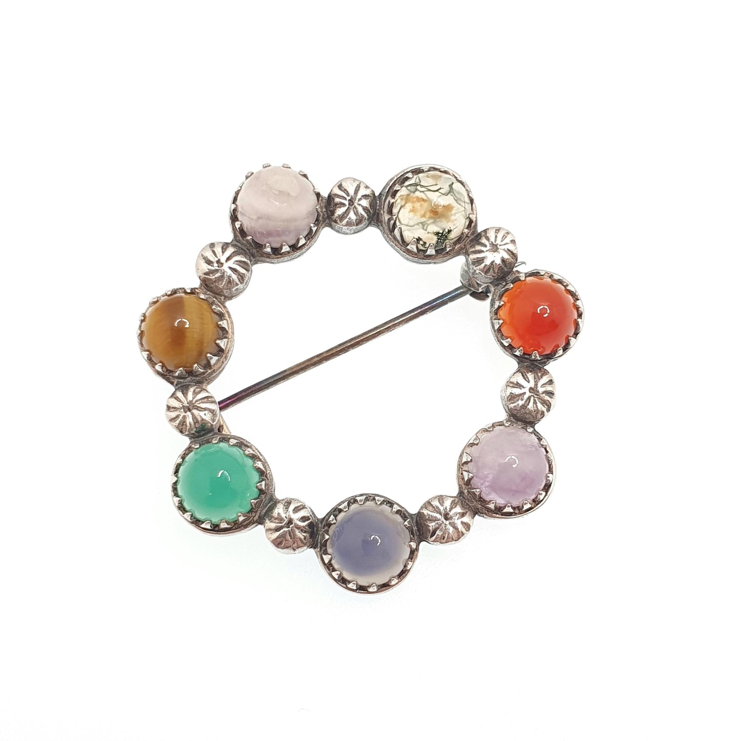 Vintage Sterling Silver Gemstone Brooch ROBERT ALLISON 1961 Scottish Celtic Moss Agate Chrysoprase Tiger Eye Solid 925 Jewelry Jewellery