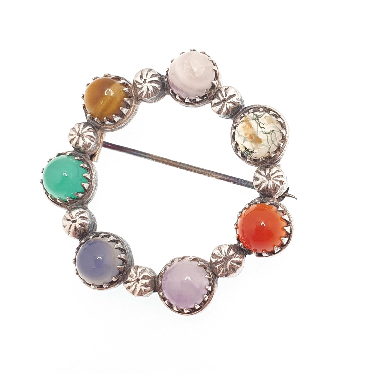 Vintage Sterling Silver Gemstone Brooch ROBERT ALLISON 1961 Scottish Celtic Moss Agate Chrysoprase Tiger Eye Solid 925 Jewelry Jewellery