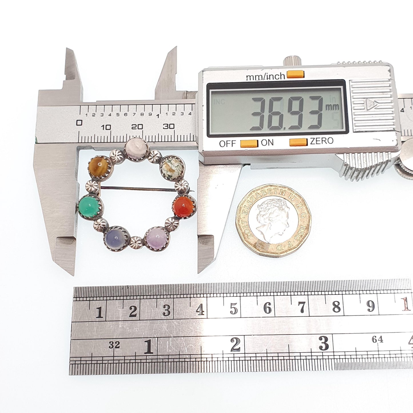 Vintage Sterling Silver Gemstone Brooch ROBERT ALLISON 1961 Scottish Celtic Moss Agate Chrysoprase Tiger Eye Solid 925 Jewelry Jewellery