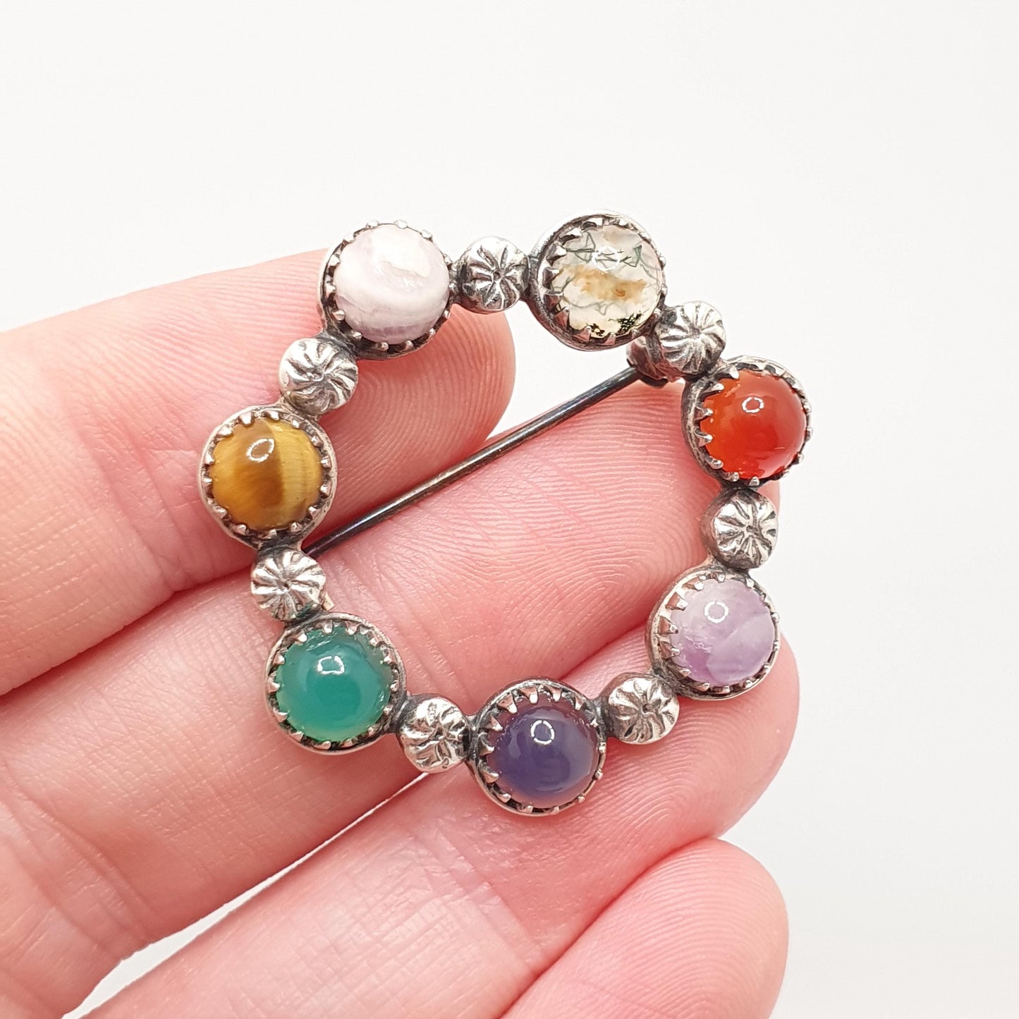 Vintage Sterling Silver Gemstone Brooch ROBERT ALLISON 1961 Scottish Celtic Moss Agate Chrysoprase Tiger Eye Solid 925 Jewelry Jewellery