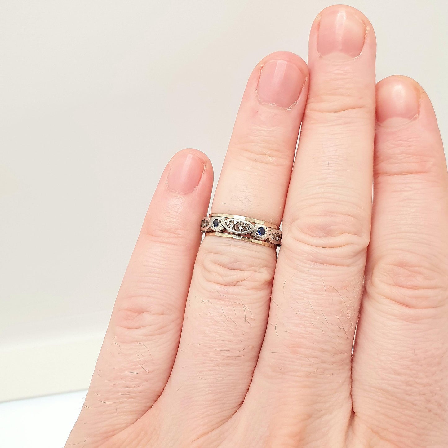 Antique Eternity Ring 9ct Gold Blue White Spinel Solid 9k 375 & Silver 1920s Fine Rare Full Estate Womens Jewelry