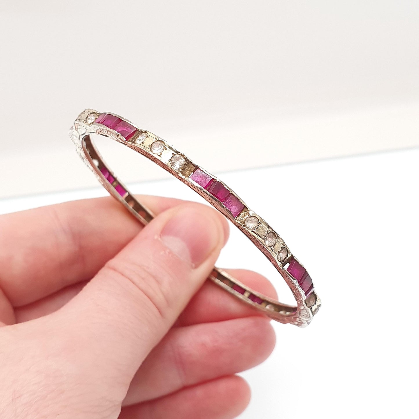 Vintage Rolled Gold Ruby & White Sapphire Bangle Gold Filled Genuine Real Gemstones Handmade 9.19g Jewellery Jewelry