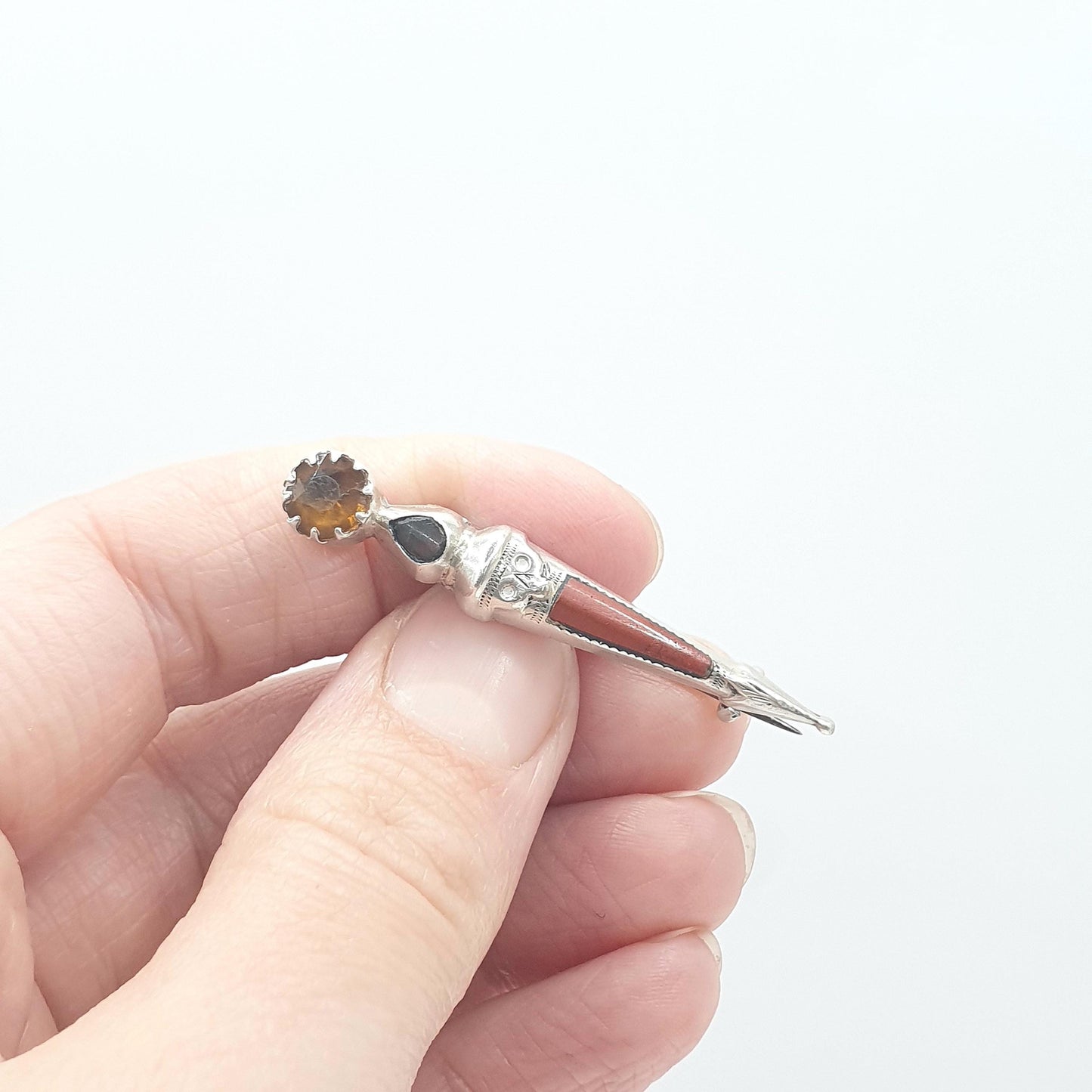 Antique Victorian Solid Silver Scottish Dirk Pin Jasper Agate and Citrine Paste Orange Red Stones Scotland Womens Jewelry Jewellery Mens