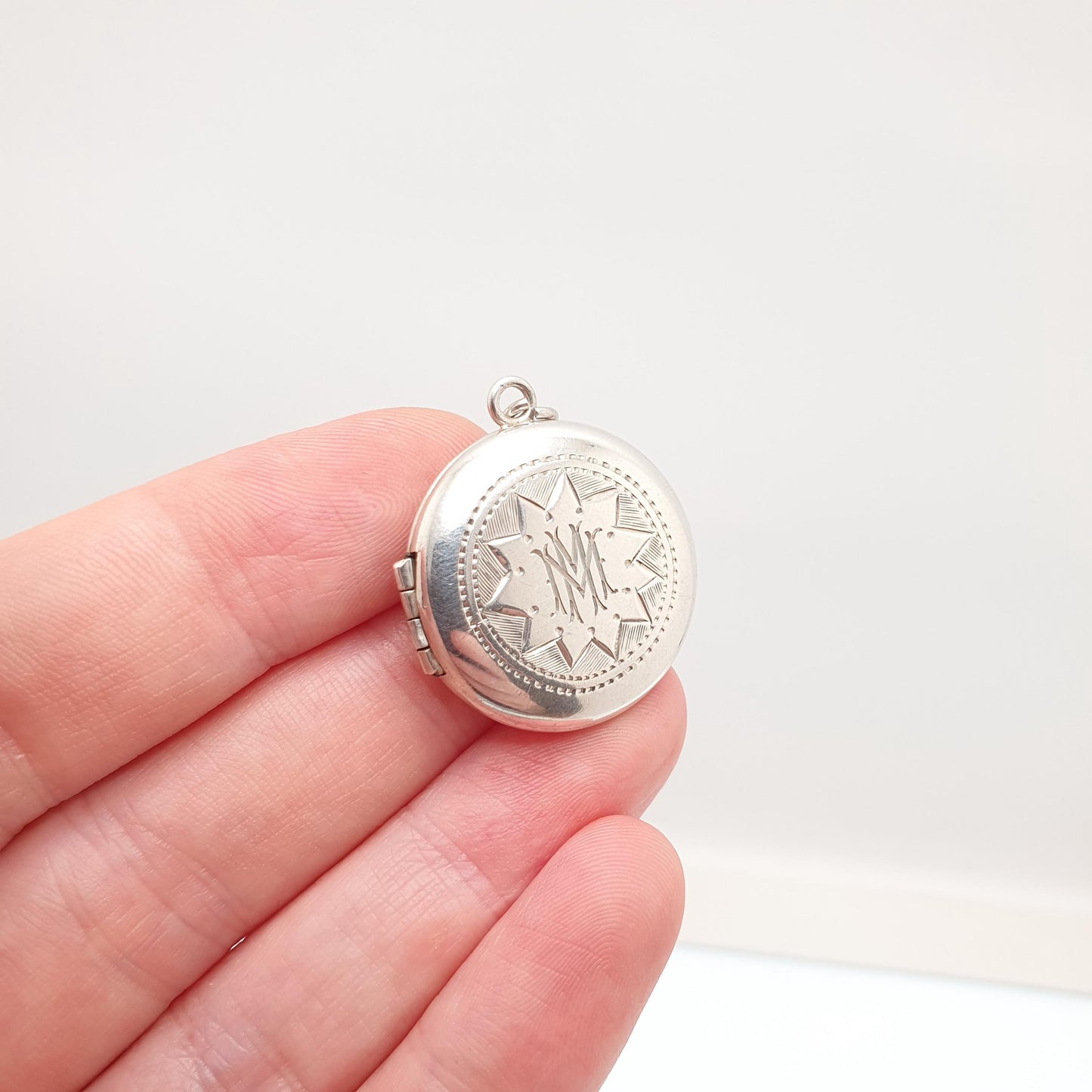 1940s Vintage "M" Sterling Silver Locket Necklace Pendant Initial Letter Name Engraved Womens Mens Jewelry Jewellery