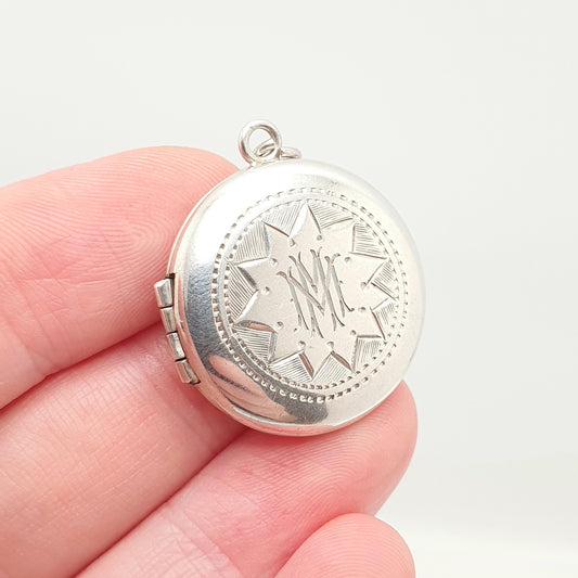 1940s Vintage "M" Sterling Silver Locket Necklace Pendant Initial Letter Name Engraved Womens Mens Jewelry Jewellery