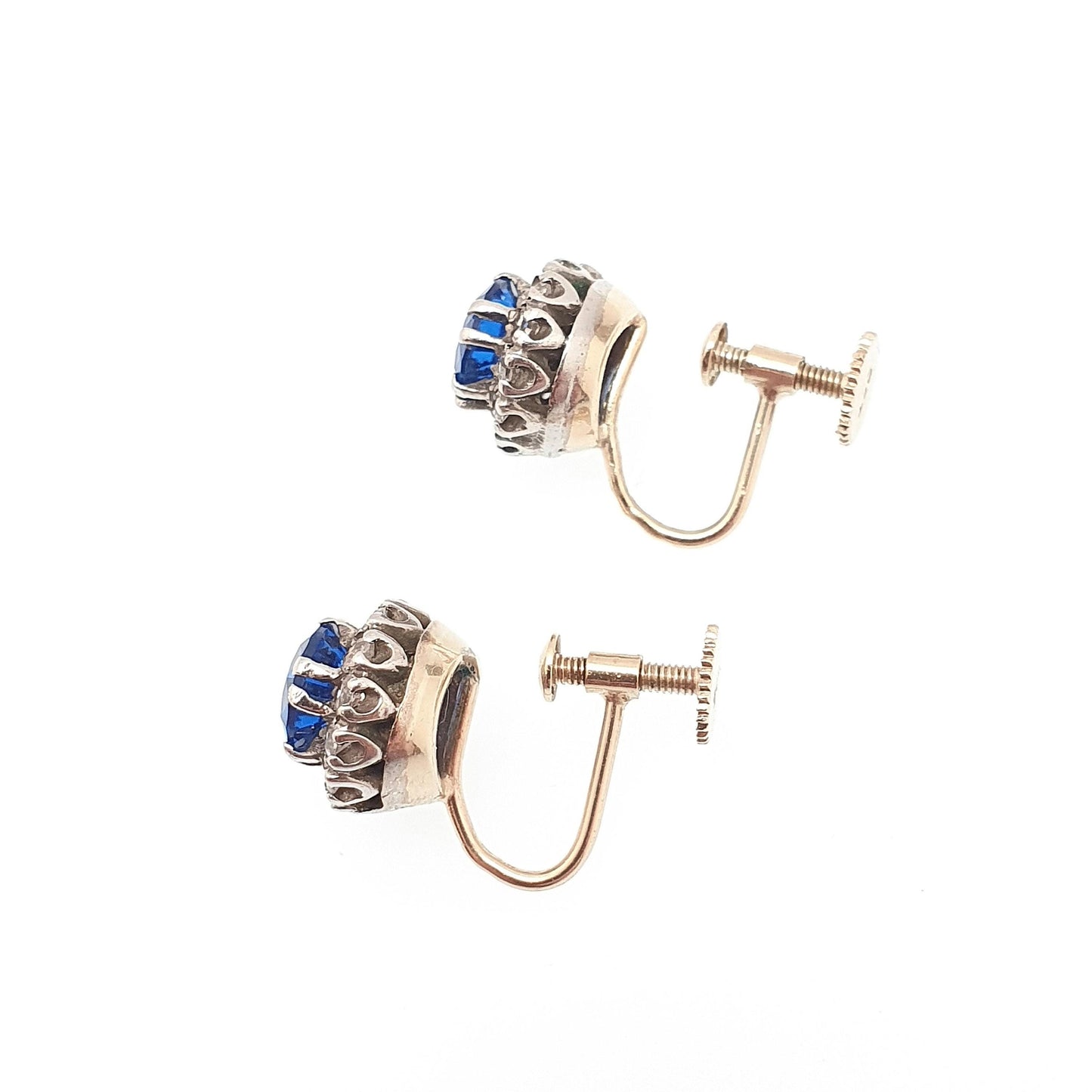 Antique 9ct 9k Gold Blue Spinel Earrings White Quartz Victorian Solid Silver Genuine Gemstone Cluster Screw Back Vintage Jewelry Jewellery