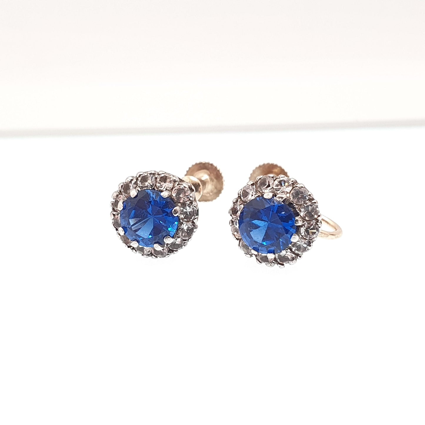 Antique 9ct 9k Gold Blue Spinel Earrings White Quartz Victorian Solid Silver Genuine Gemstone Cluster Screw Back Vintage Jewelry Jewellery
