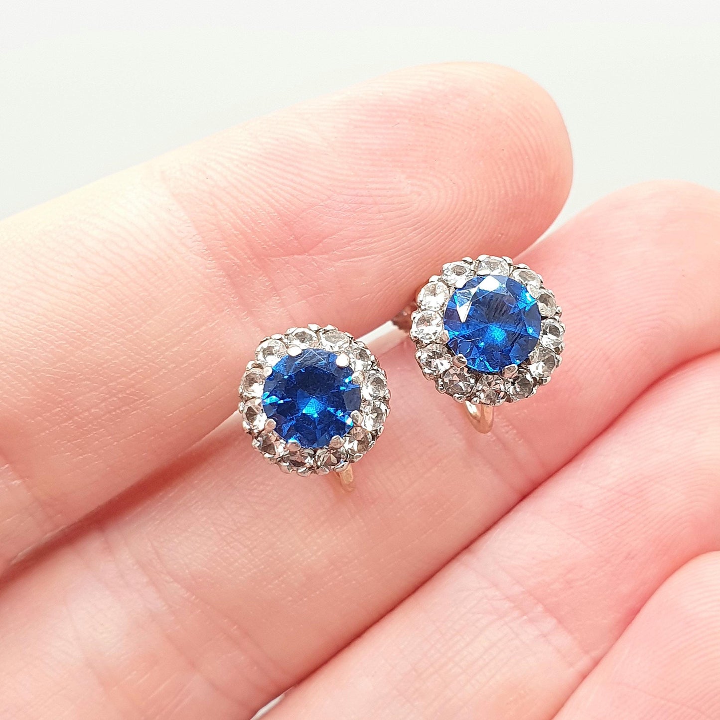 Antique 9ct 9k Gold Blue Spinel Earrings White Quartz Victorian Solid Silver Genuine Gemstone Cluster Screw Back Vintage Jewelry Jewellery
