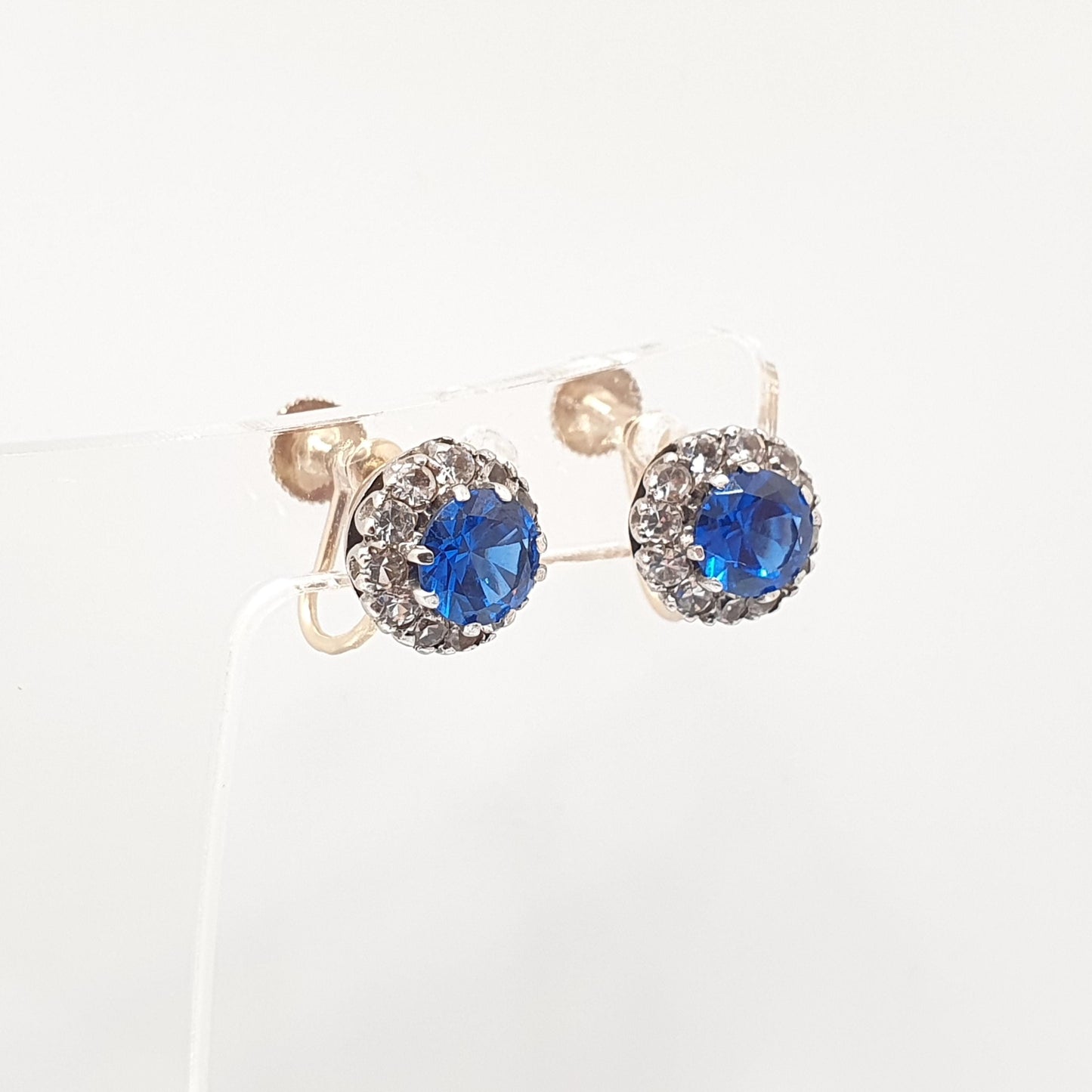 Antique 9ct 9k Gold Blue Spinel Earrings White Quartz Victorian Solid Silver Genuine Gemstone Cluster Screw Back Vintage Jewelry Jewellery