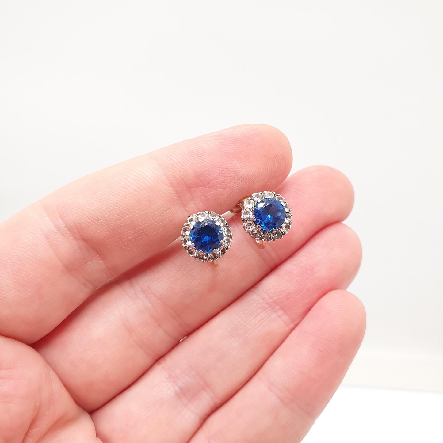 Antique 9ct 9k Gold Blue Spinel Earrings White Quartz Victorian Solid Silver Genuine Gemstone Cluster Screw Back Vintage Jewelry Jewellery