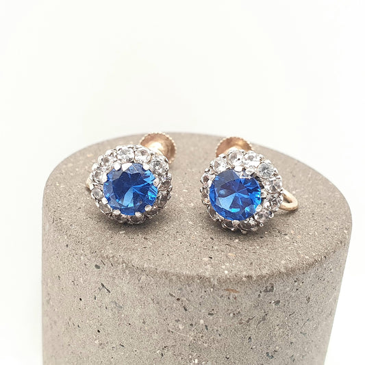 Antique 9ct 9k Gold Blue Spinel Earrings White Quartz Victorian Solid Silver Genuine Gemstone Cluster Screw Back Vintage Jewelry Jewellery