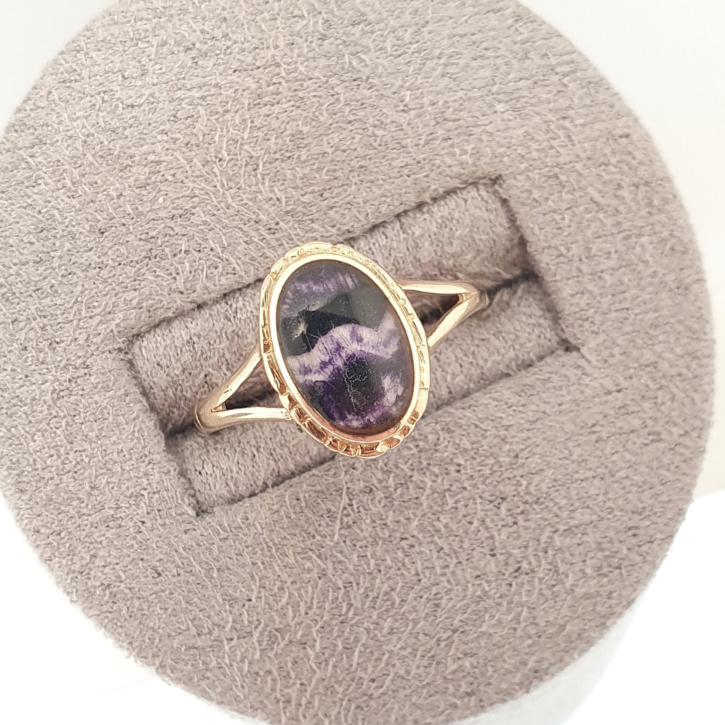 Vintage 9ct Gold Blue John Ring Solid 9k 9kt 375 Yellow Signet Cabochon Oval Fluorite Bleu Jaune Womens Rare Gemstone Jewelry Jewellery