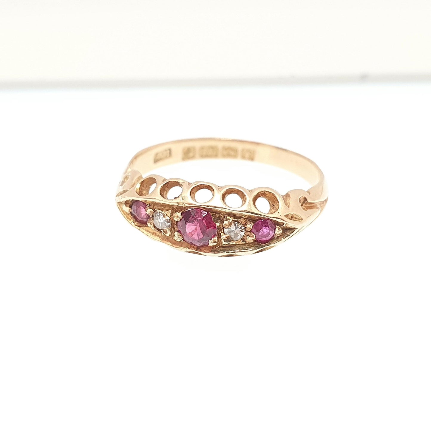 Antique 18ct Gold Ruby & Diamond Ring Edwardian 18k Solid 750 Boat 1905 Hallmark Old Cut Womens Vintage Jewelry