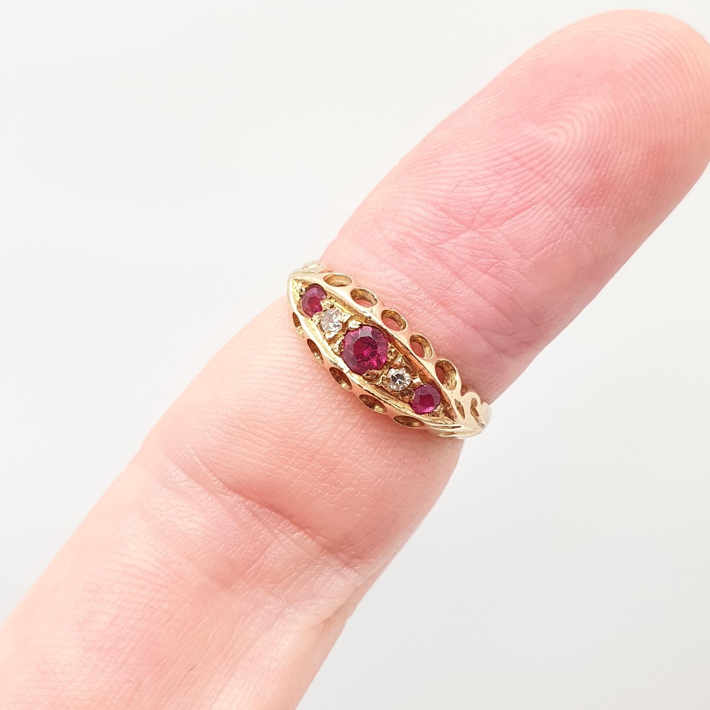 Antique 18ct Gold Ruby & Diamond Ring Edwardian 18k Solid 750 Boat 1905 Hallmark Old Cut Womens Vintage Jewelry
