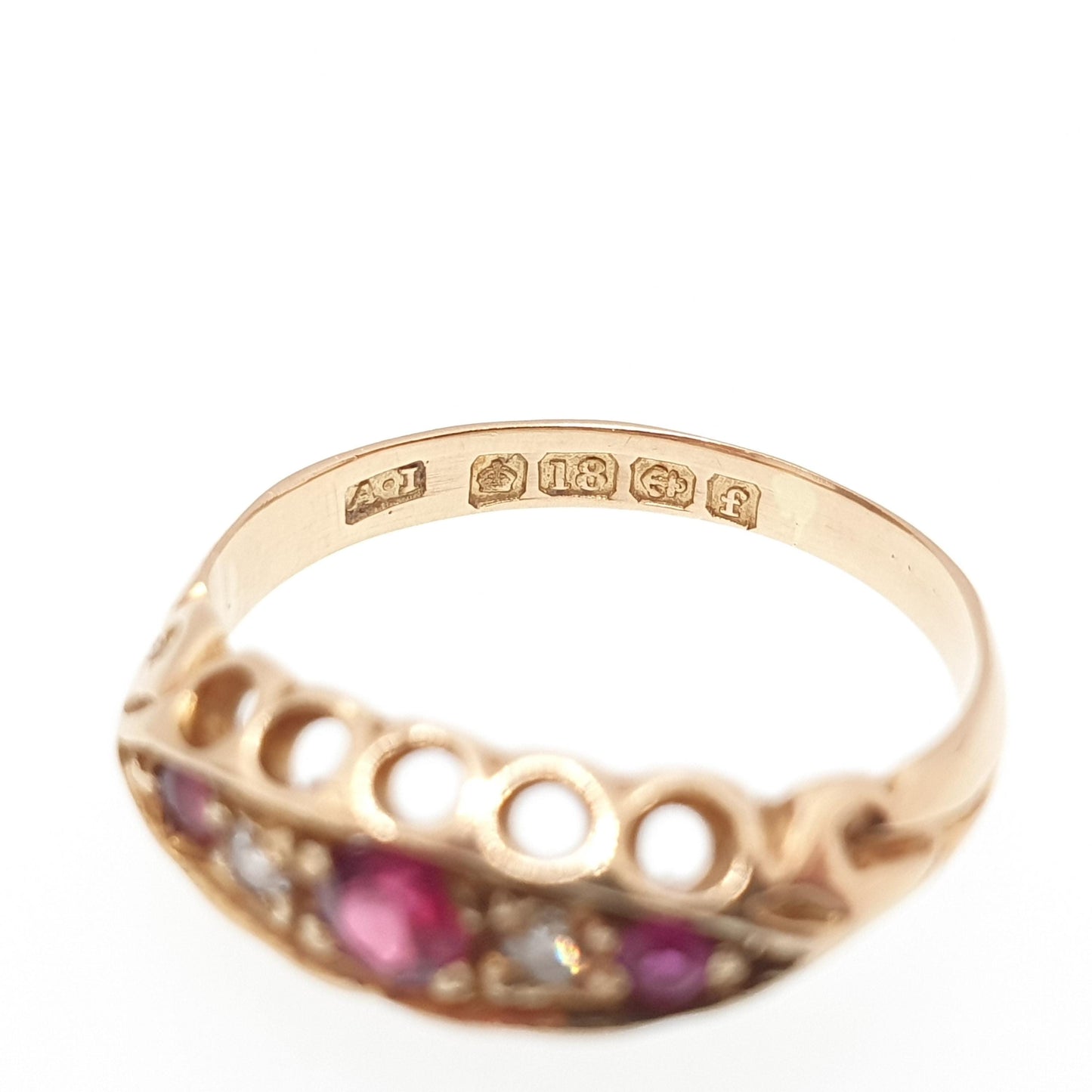 Antique 18ct Gold Ruby & Diamond Ring Edwardian 18k Solid 750 Boat 1905 Hallmark Old Cut Womens Vintage Jewelry