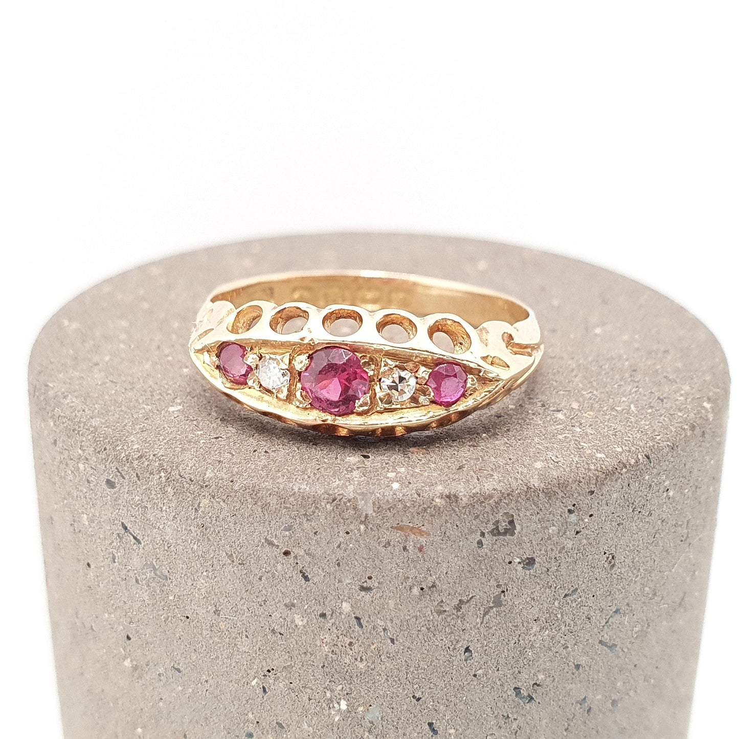Antique 18ct Gold Ruby & Diamond Ring Edwardian 18k Solid 750 Boat 1905 Hallmark Old Cut Womens Vintage Jewelry