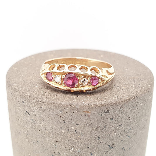 Antique 18ct Gold Ruby & Diamond Ring Edwardian 18k Solid 750 Boat 1905 Hallmark Old Cut Womens Vintage Jewelry