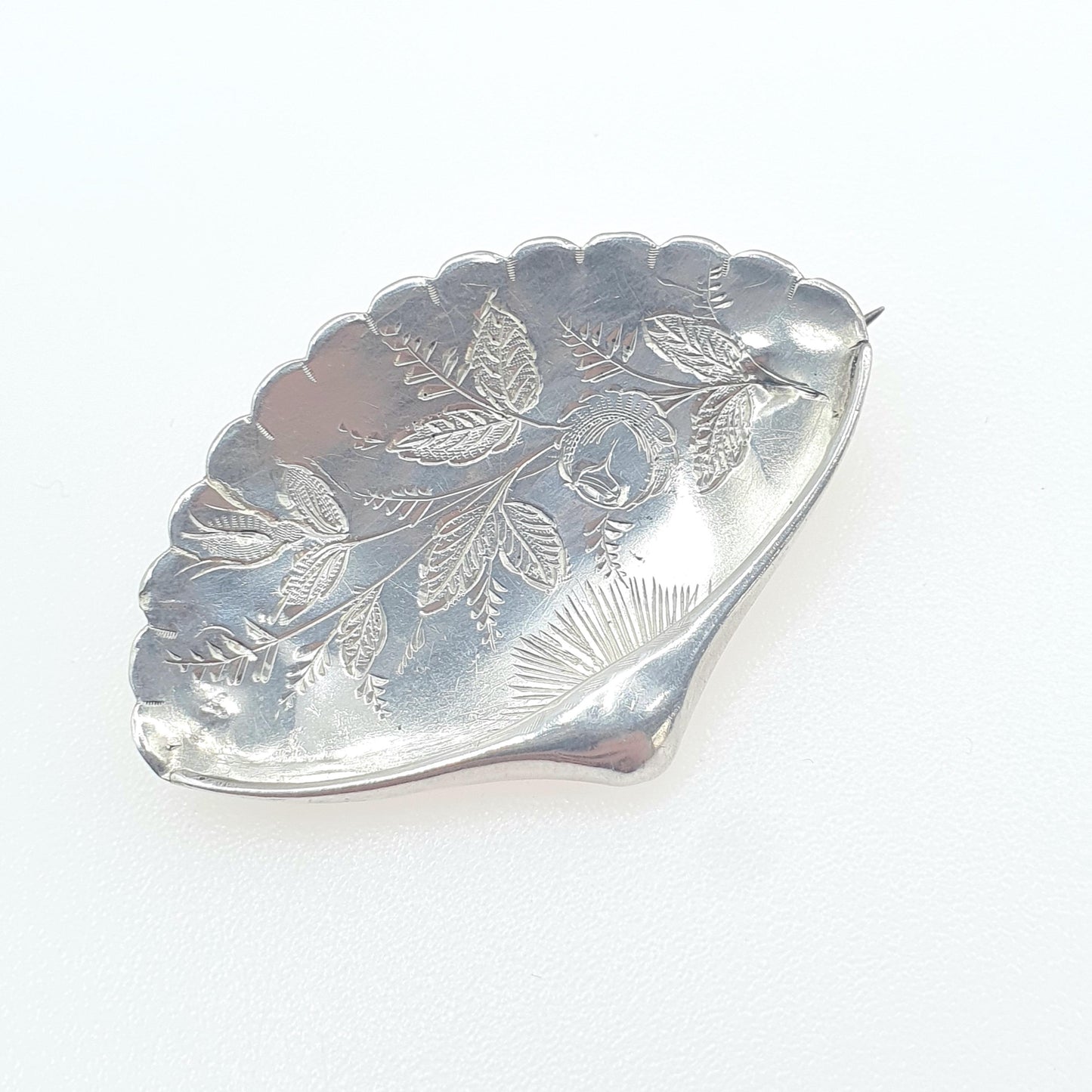 Antique Victorian Solid Silver Fan Brooch Flower Engraved Unique Floral Leaf Womens Jewelry  Men’s Jewellery