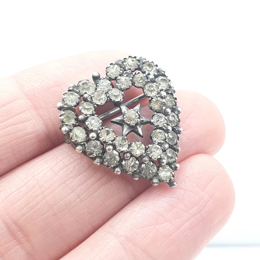 Antique Victorian Solid Silver Heart & Star Brooch Diamond Paste Cute Womens Mens Gift Jewelry Jewellery