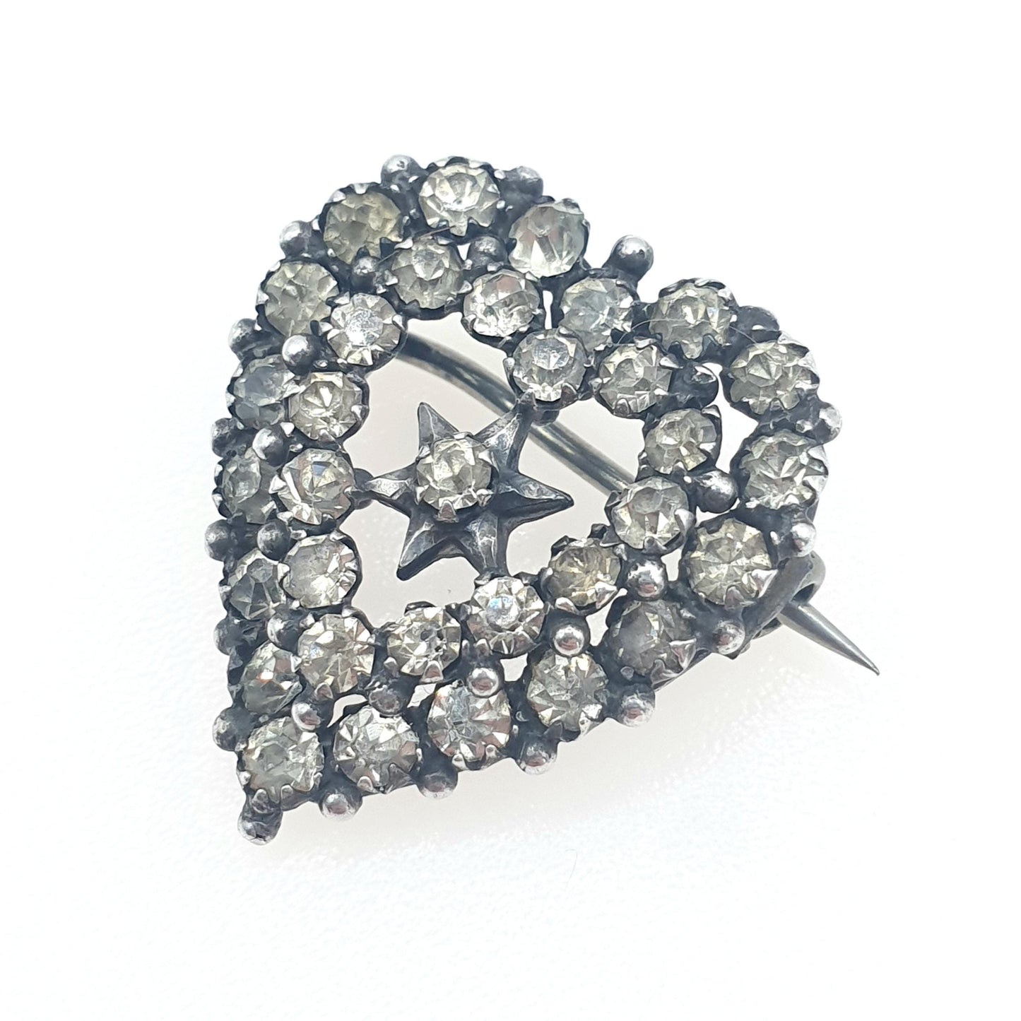 Antique Victorian Solid Silver Heart & Star Brooch Diamond Paste Cute Womens Mens Gift Jewelry Jewellery