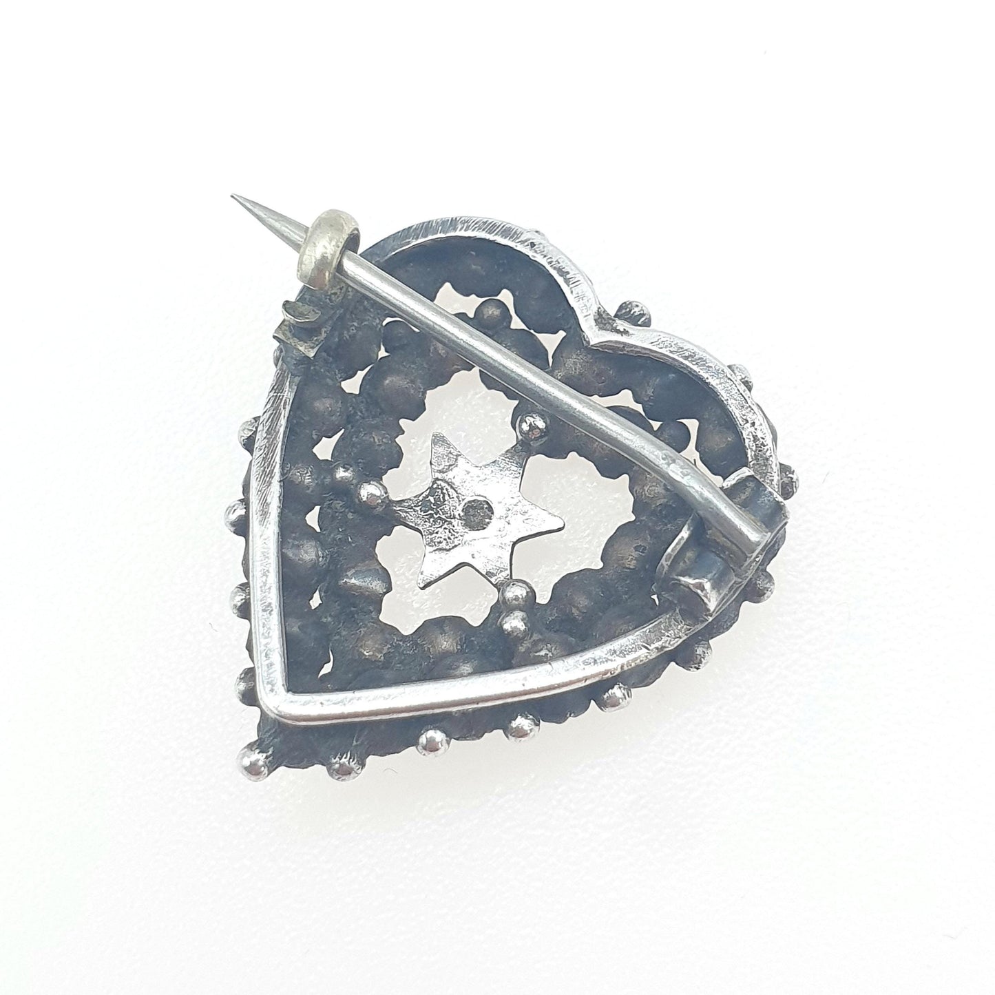 Antique Victorian Solid Silver Heart & Star Brooch Diamond Paste Cute Womens Mens Gift Jewelry Jewellery