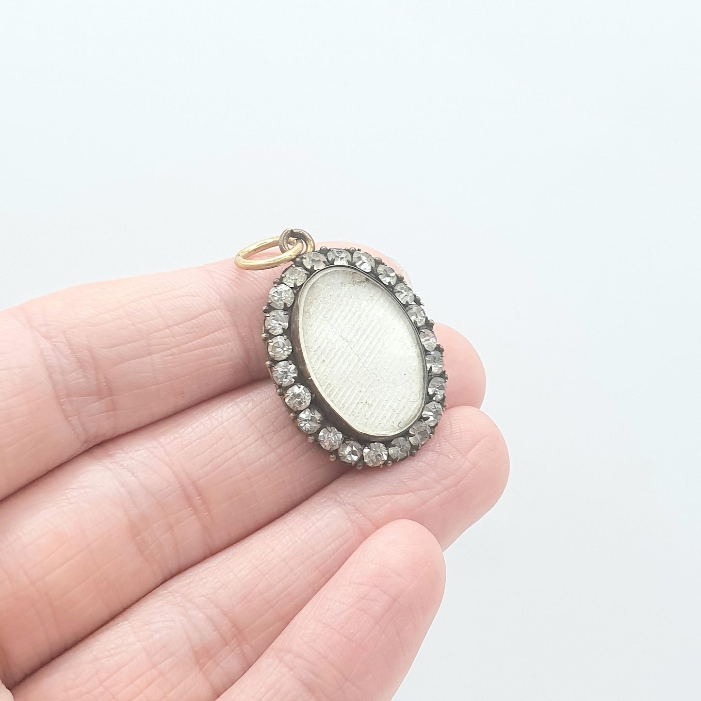 Antique Victorian Diamond Paste Locket Pendant Necklace Gold Tone Base Metal Picture Photo Womens Vintage Jewelry Jewellery
