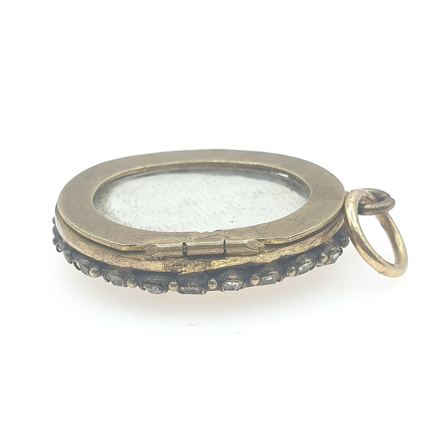 Antique Victorian Diamond Paste Locket Pendant Necklace Gold Tone Base Metal Picture Photo Womens Vintage Jewelry Jewellery