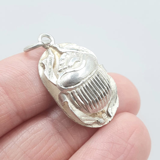 Vintage Solid Silver Scarab Beetle Pendant Necklace Insect Bug Egyptian Egypt Mens Jewellery Womens Jewelry