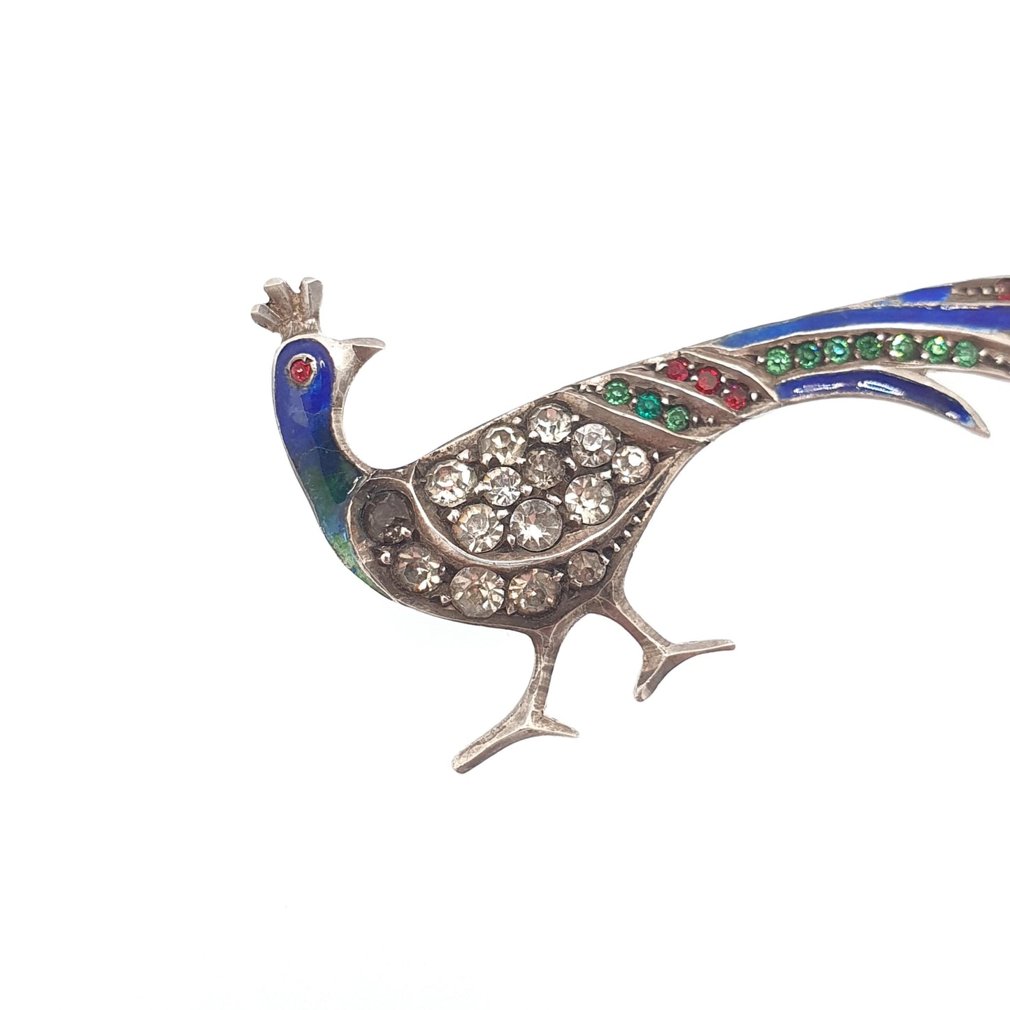 Antique Solid Silver Peacock Paste Brooch Enamel Exotic Bird Colourful Green Blue Vintage Animal Birds Sparkly Womens Jewelry Jewellery