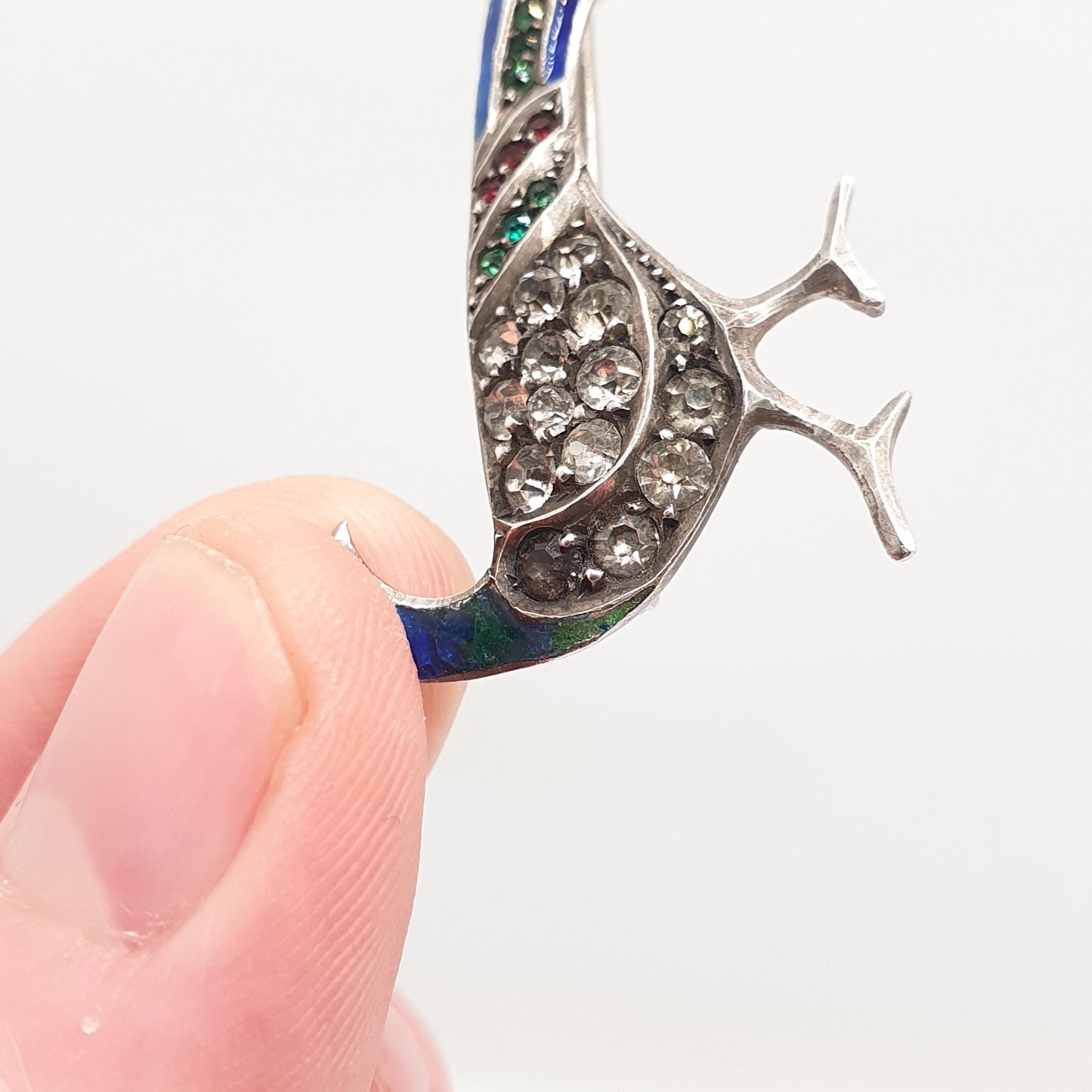 Antique Solid Silver Peacock Paste Brooch Enamel Exotic Bird Colourful Green Blue Vintage Animal Birds Sparkly Womens Jewelry Jewellery