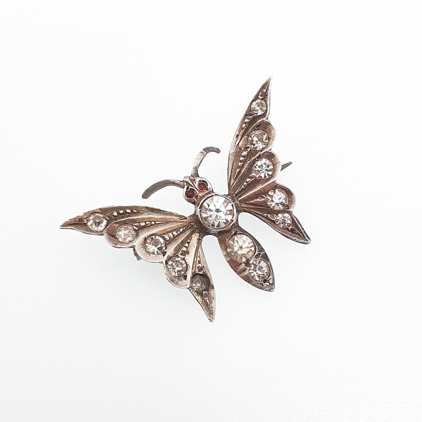 Antique Victorian Sterling Silver Butterfly Paste Brooch Diamond Tone & Ruby Tone Insect Bug Handmade Vintage Jewellery Jewelry