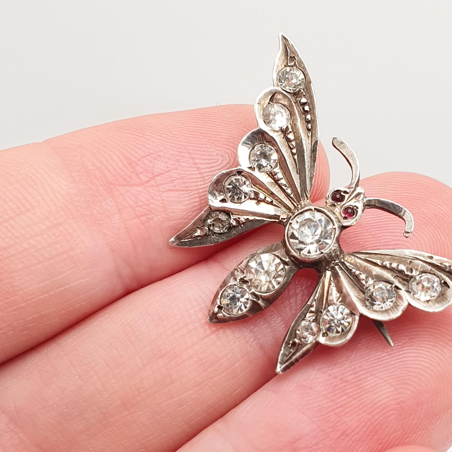 Antique Victorian Sterling Silver Butterfly Paste Brooch Diamond Tone & Ruby Tone Insect Bug Handmade Vintage Jewellery Jewelry