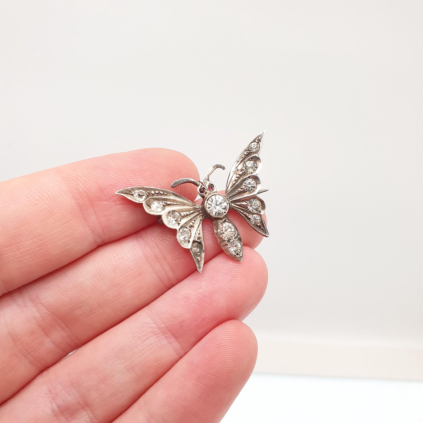 Antique Victorian Sterling Silver Butterfly Paste Brooch Diamond Tone & Ruby Tone Insect Bug Handmade Vintage Jewellery Jewelry