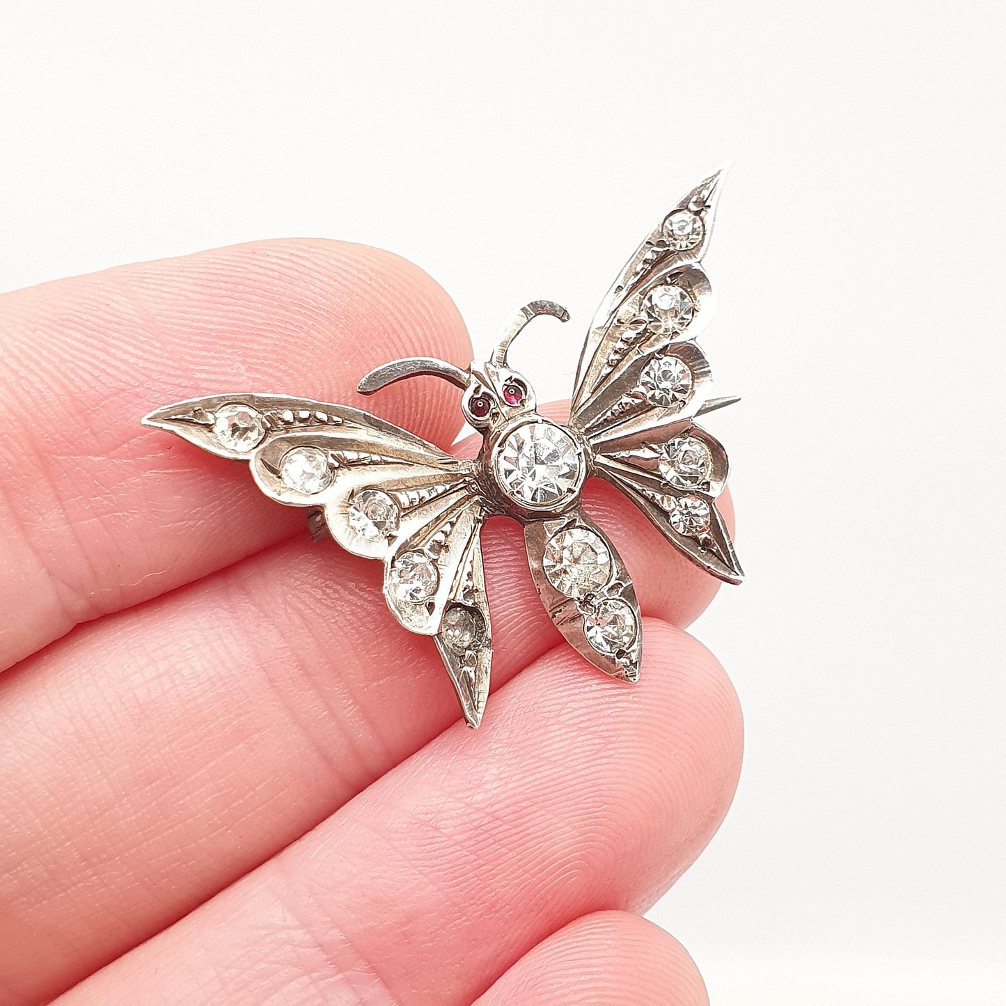 Antique Victorian Sterling Silver Butterfly Paste Brooch Diamond Tone & Ruby Tone Insect Bug Handmade Vintage Jewellery Jewelry
