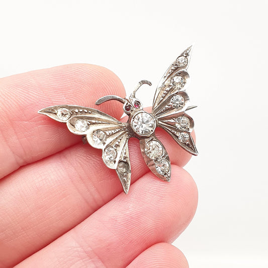Antique Victorian Sterling Silver Butterfly Paste Brooch Diamond Tone & Ruby Tone Insect Bug Handmade Vintage Jewellery Jewelry