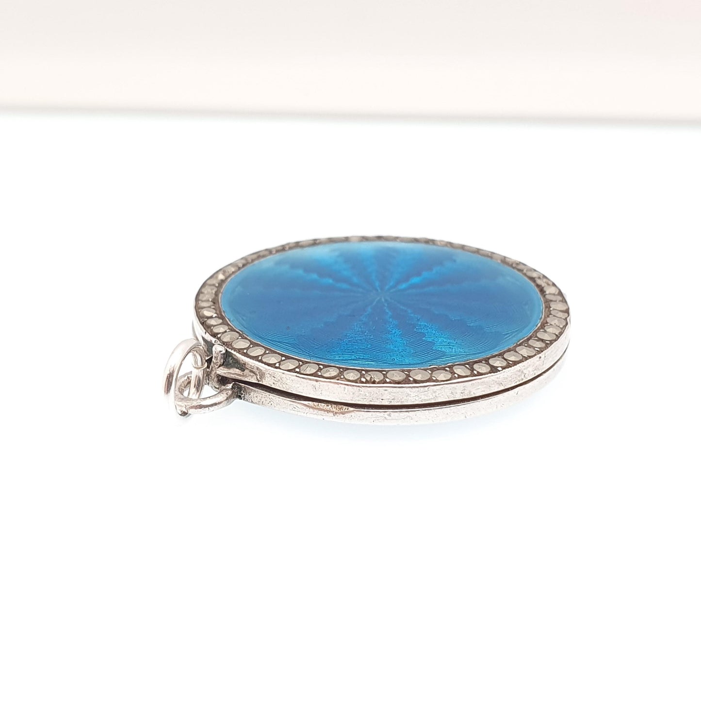 Antique Guilloche Enamel Solid Silver Locket Art Deco Marcasite Border Pendant Necklace Blue Photo Picture Jewelry Jewelry