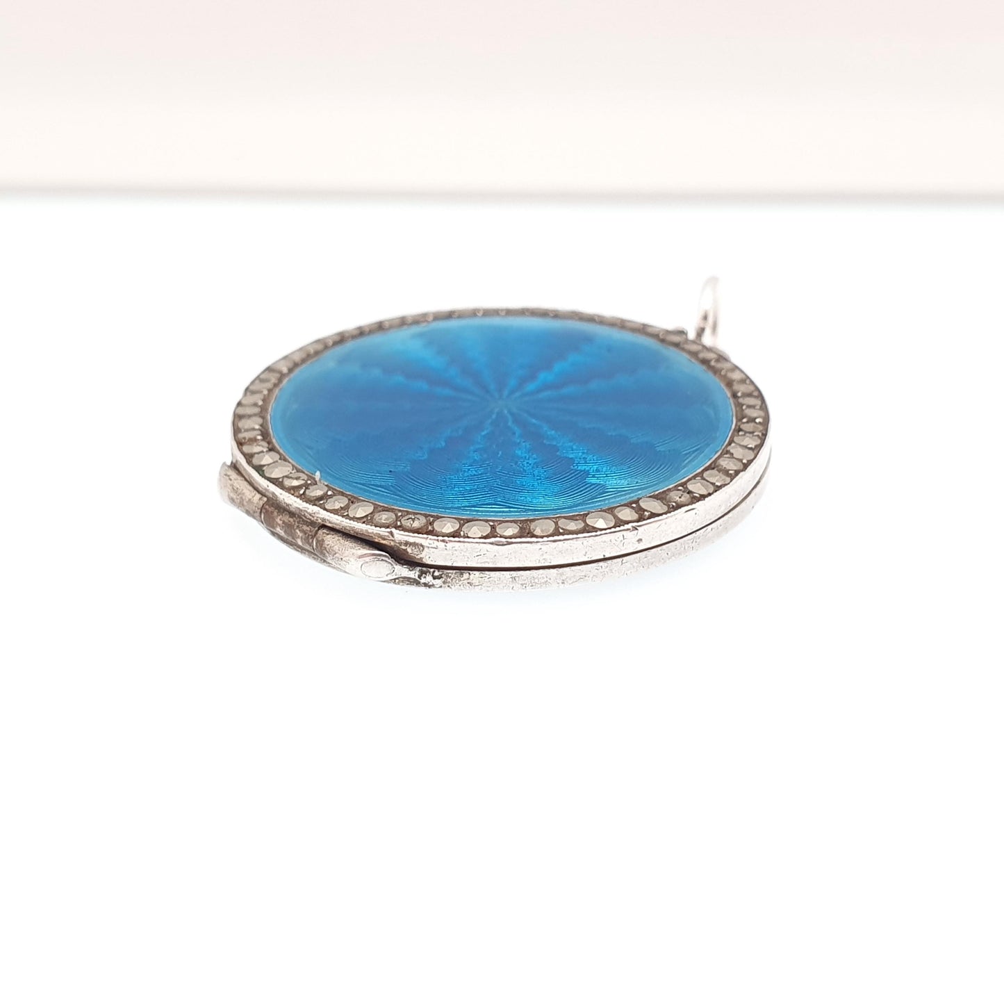 Antique Guilloche Enamel Solid Silver Locket Art Deco Marcasite Border Pendant Necklace Blue Photo Picture Jewelry Jewelry