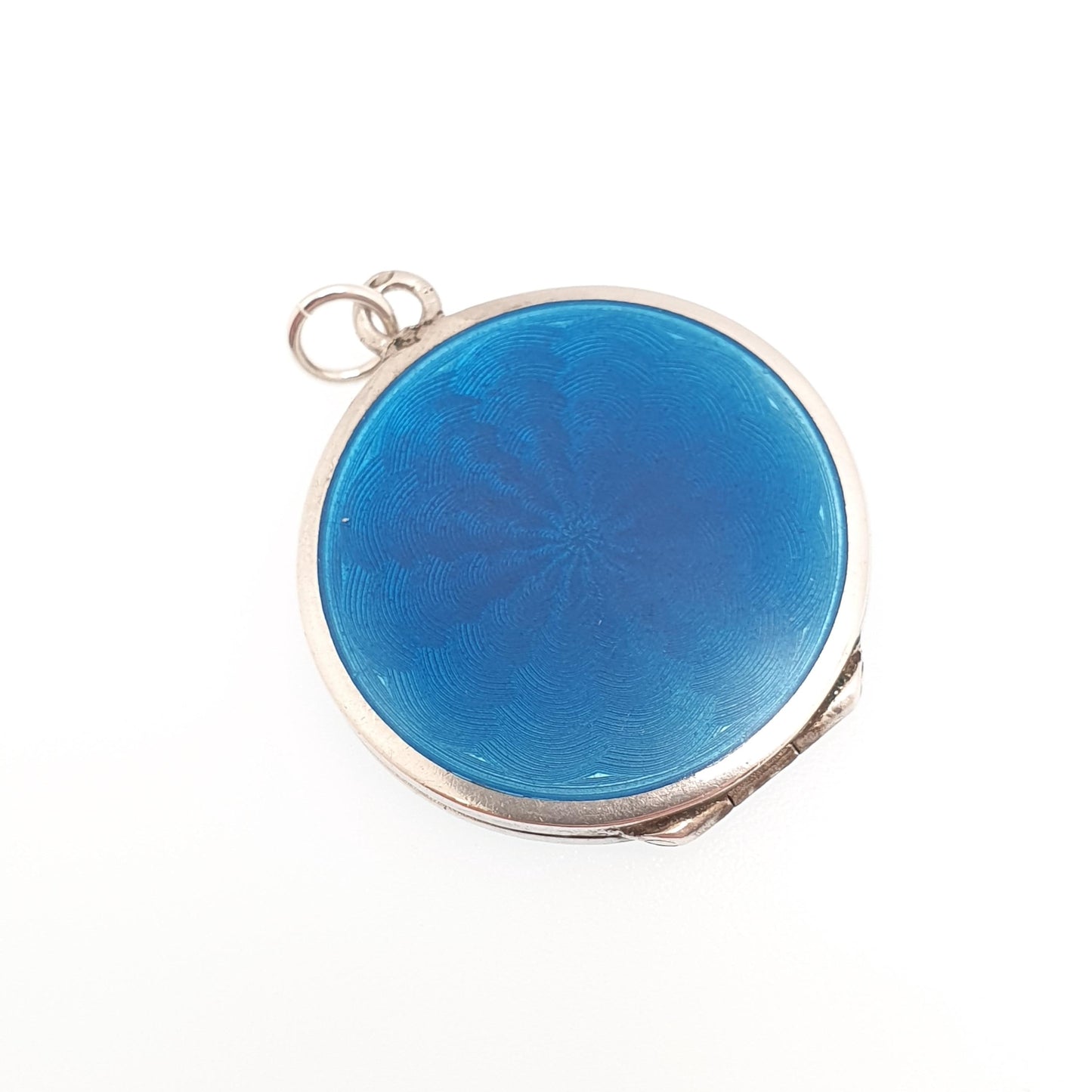 Antique Guilloche Enamel Solid Silver Locket Art Deco Marcasite Border Pendant Necklace Blue Photo Picture Jewelry Jewelry