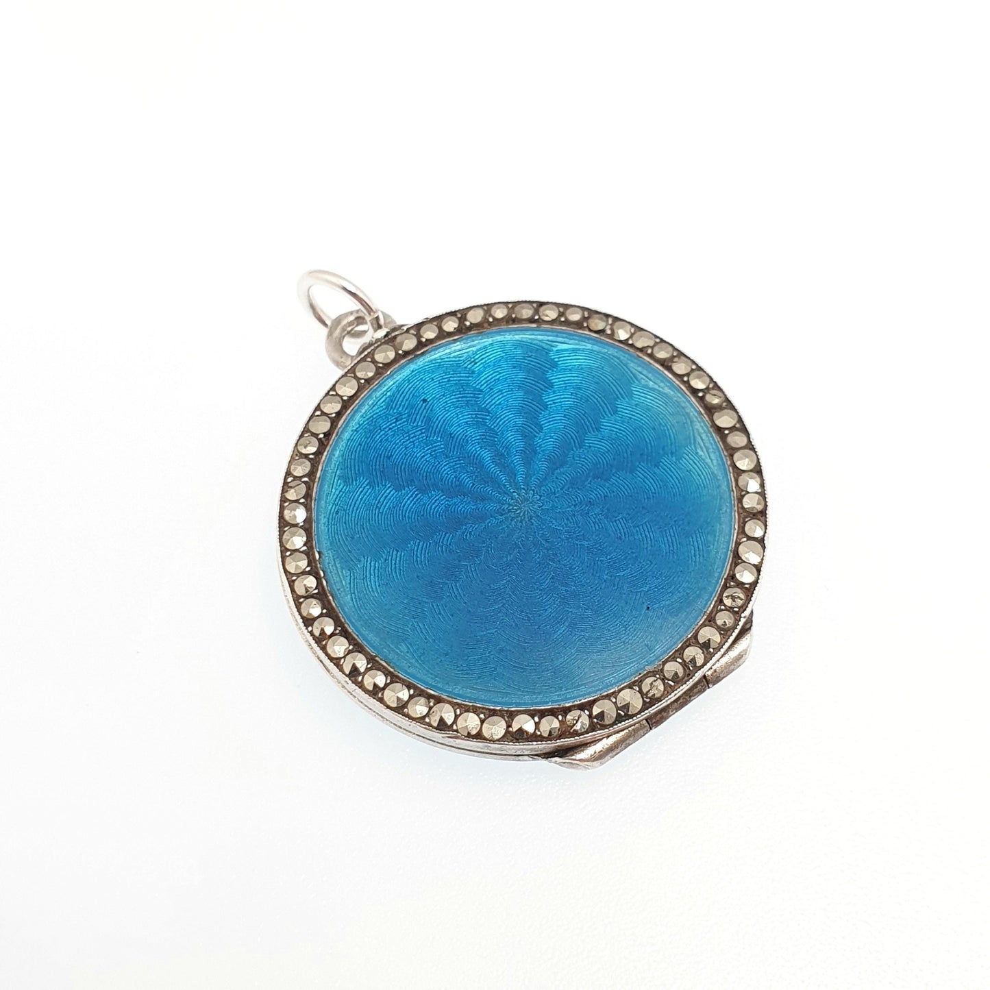 Antique Guilloche Enamel Solid Silver Locket Art Deco Marcasite Border Pendant Necklace Blue Photo Picture Jewelry Jewelry